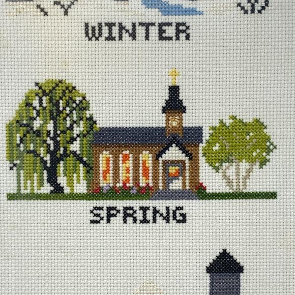 1977 Four Seasons Cross-Stitch Church Barn Trees Professional Framed - Picture 3 of 9